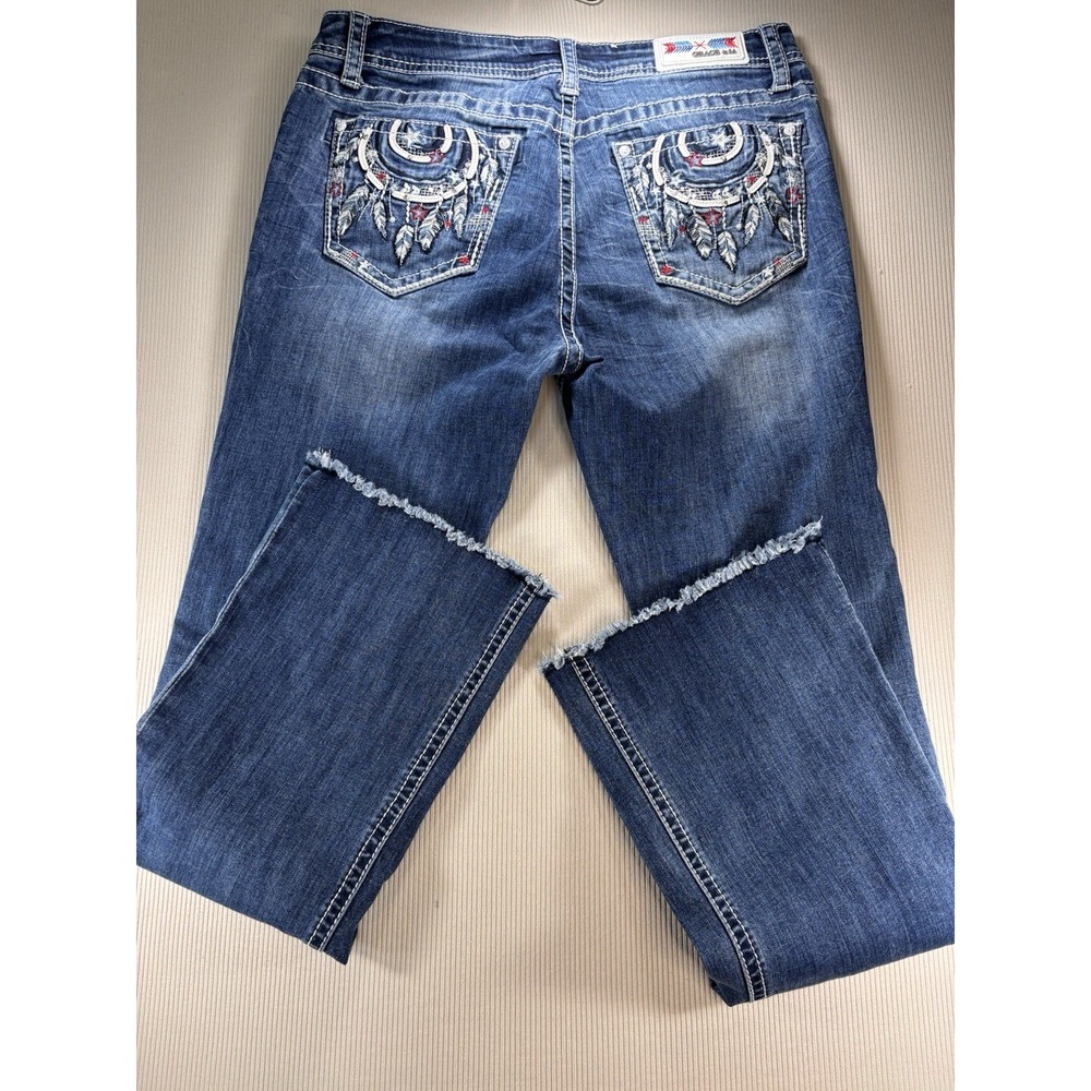 Grace in LA Embellished Patriotic Feather Pocket Jeans 32 Bootcut Y2K Raw Hem - Picture 11 of 16